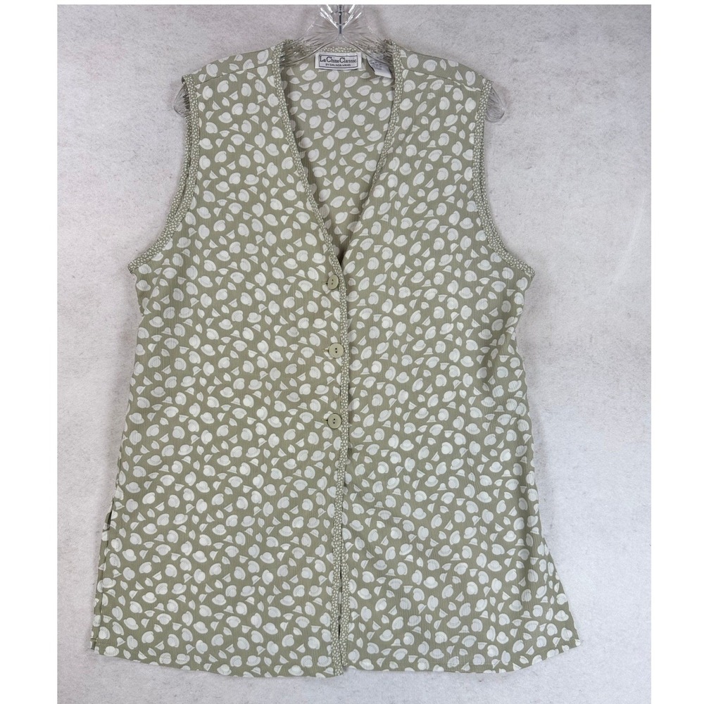 La Chine Classic Galinda Wang Sage Green Hat Print Sleeveless Button Up 12 VTG